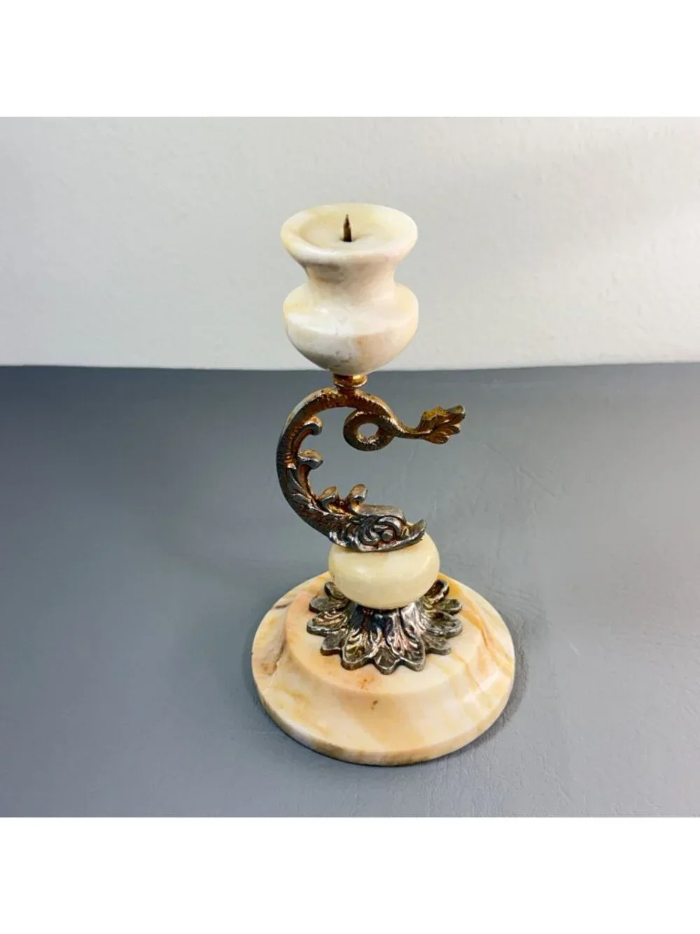 Vintage Onyx Marble Brass Dolphin Candlestick Hollywood Regency Pricket 8